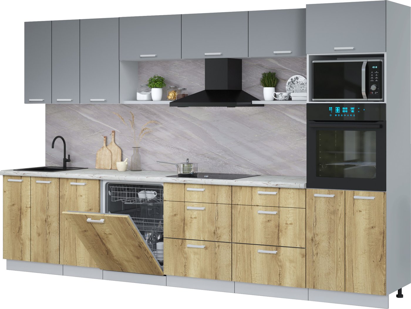 

Готовая кухня Интерлиния Мила Лайт 3.4-ПМ1-2 (серебро/дуб золотой/серый каспий)