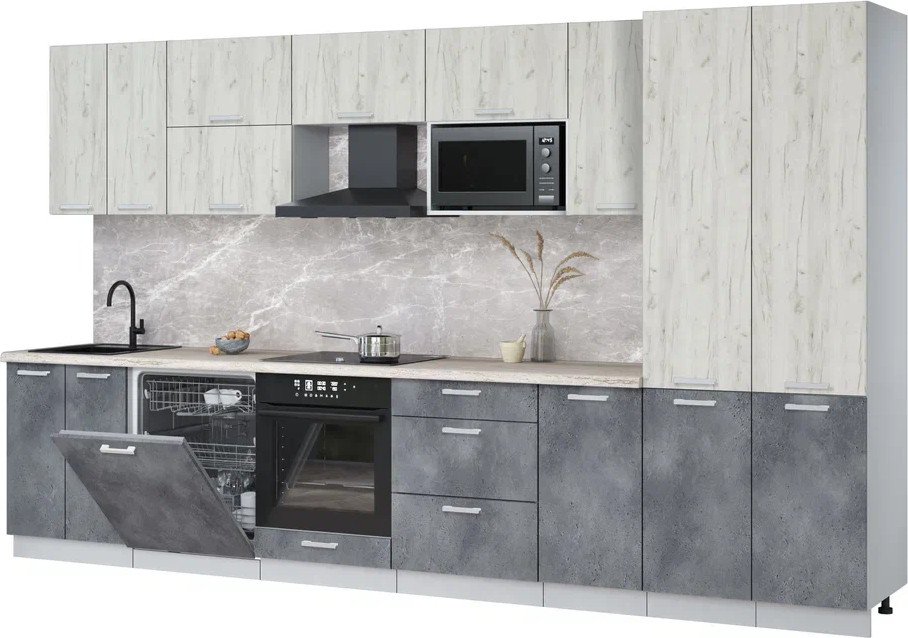 

Готовая кухня Интерлиния Мила Лайт 3.6-ПМ2 (дуб белый/бетон портленд/травертни)