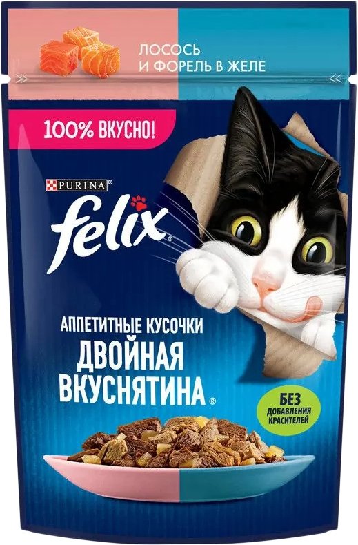 

Пресервы Felix Аппетитные кусочки Двойная вкуснятина с лососем и форелью в желе 75 г