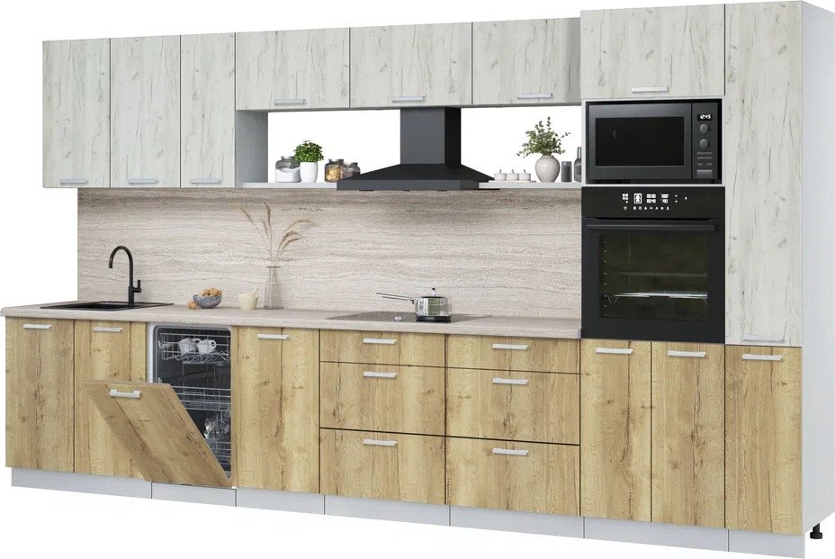 

Готовая кухня Интерлиния Мила Лайт 3.8-ПМ3 (дуб белый/дуб золотой/травертин серый)