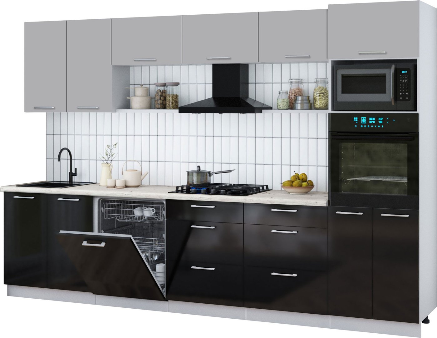 

Готовая кухня Интерлиния Мила Gloss 3.2-ПМ1 (черный глянец/грей/бискайская сосна)