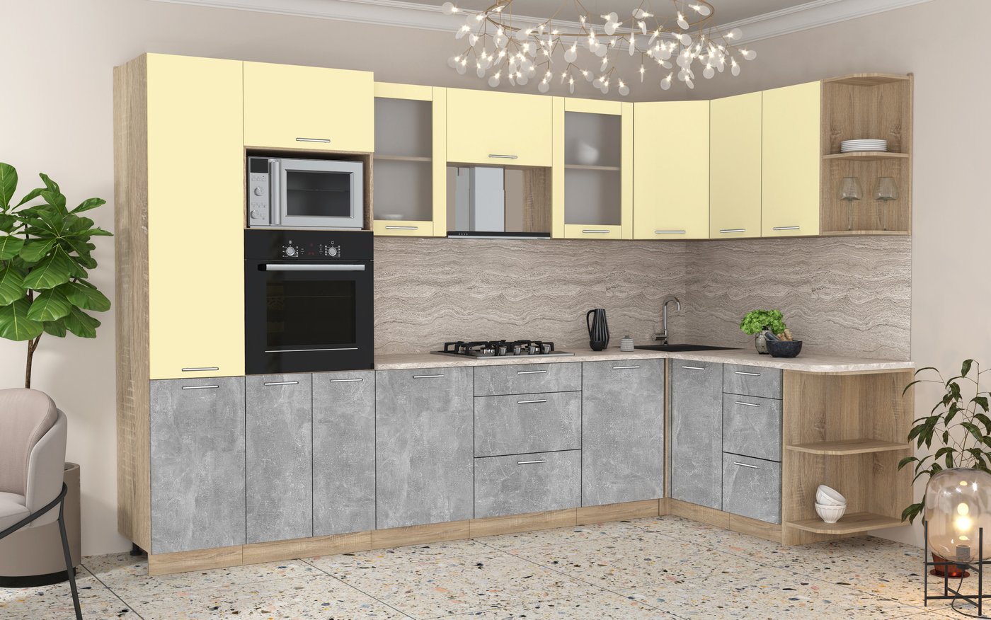 

Готовая кухня Интерлиния Мила 1.68x3.2 правая (ваниль/бетон/травертин)