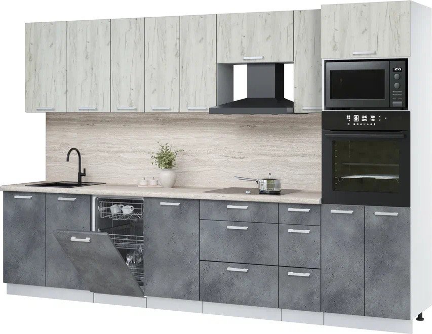 

Готовая кухня Интерлиния Мила Лайт 3.2-ПМ3 (дуб белый/бетон портленд/травертни)