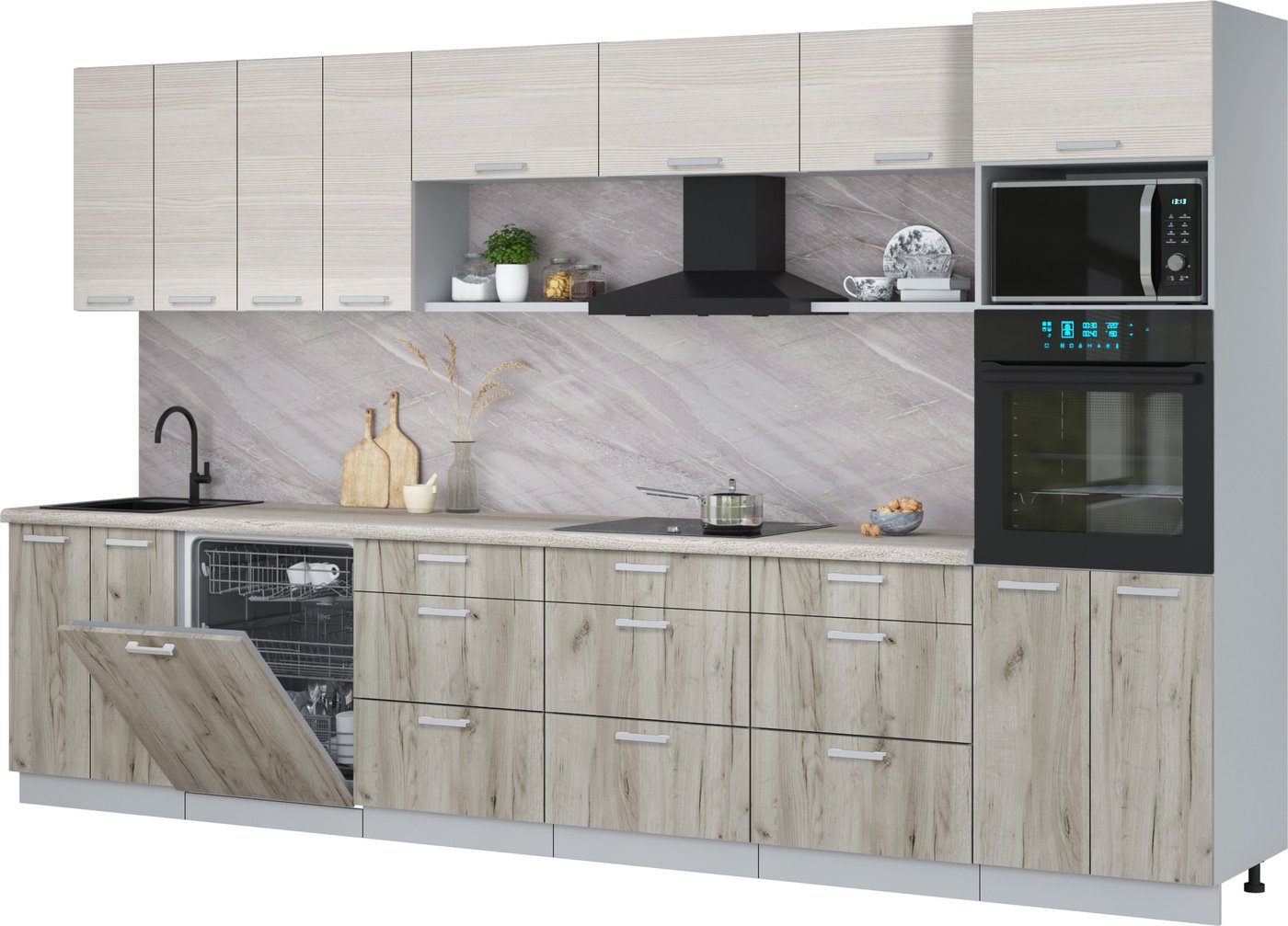 

Готовая кухня Интерлиния Мила Лайт 3.6-ПМ1-2 (вудлайн кремовый/дуб серый/травертин серый)