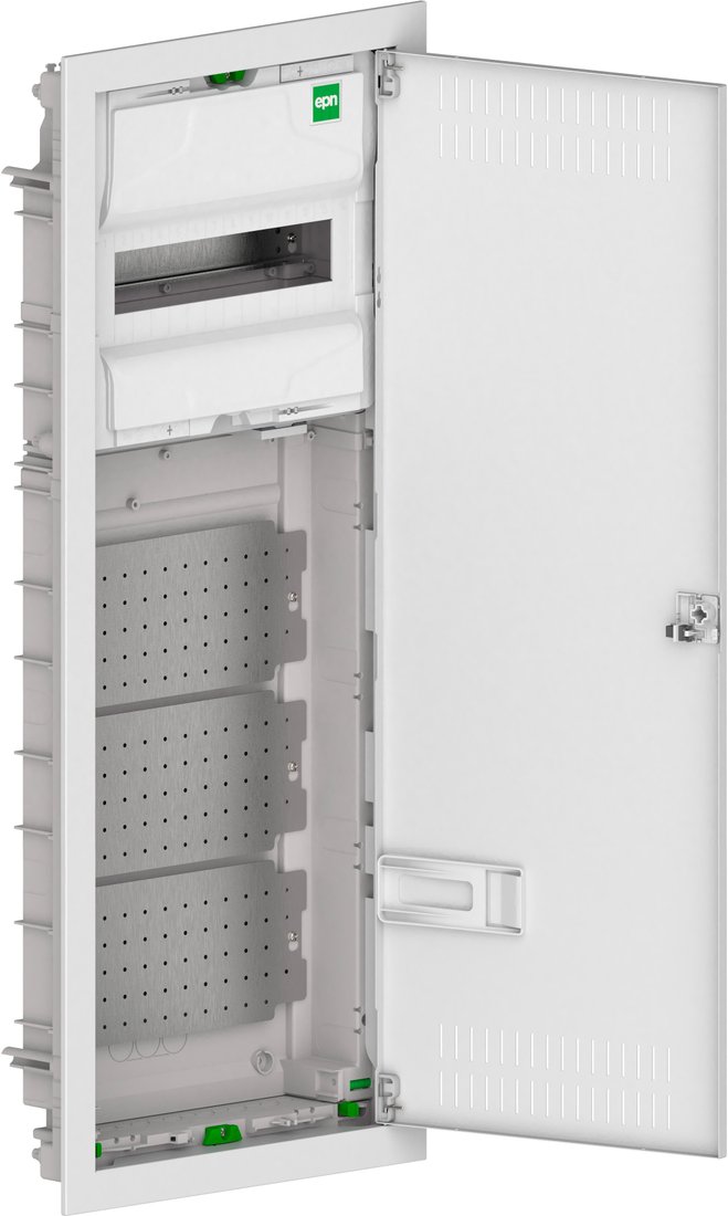 

Бокс пластиковый Elektro-Plast MSF TWIN RP комбинированный, 1*12M+3xМП перф., N/PE-шинки, 1xSCHUKO, мет. дверь, белый RAL9016, 358x853x94mm, IP30