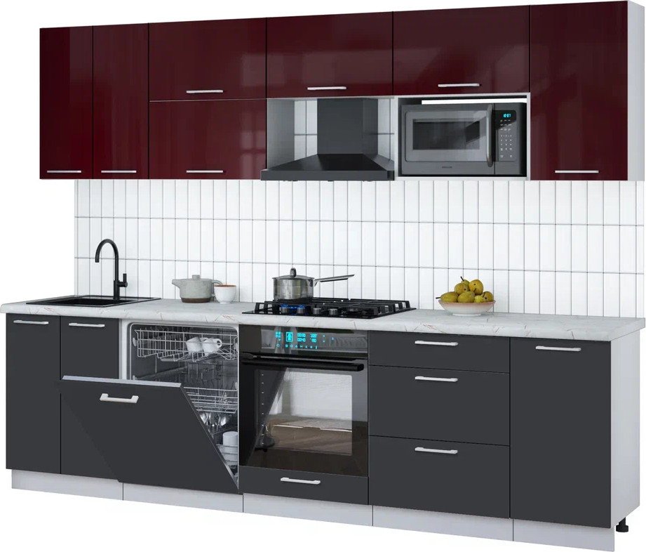 

Готовая кухня Интерлиния Мила Gloss 2.8-ПМ2 (пепел/бордовый глянец/серый каспий)