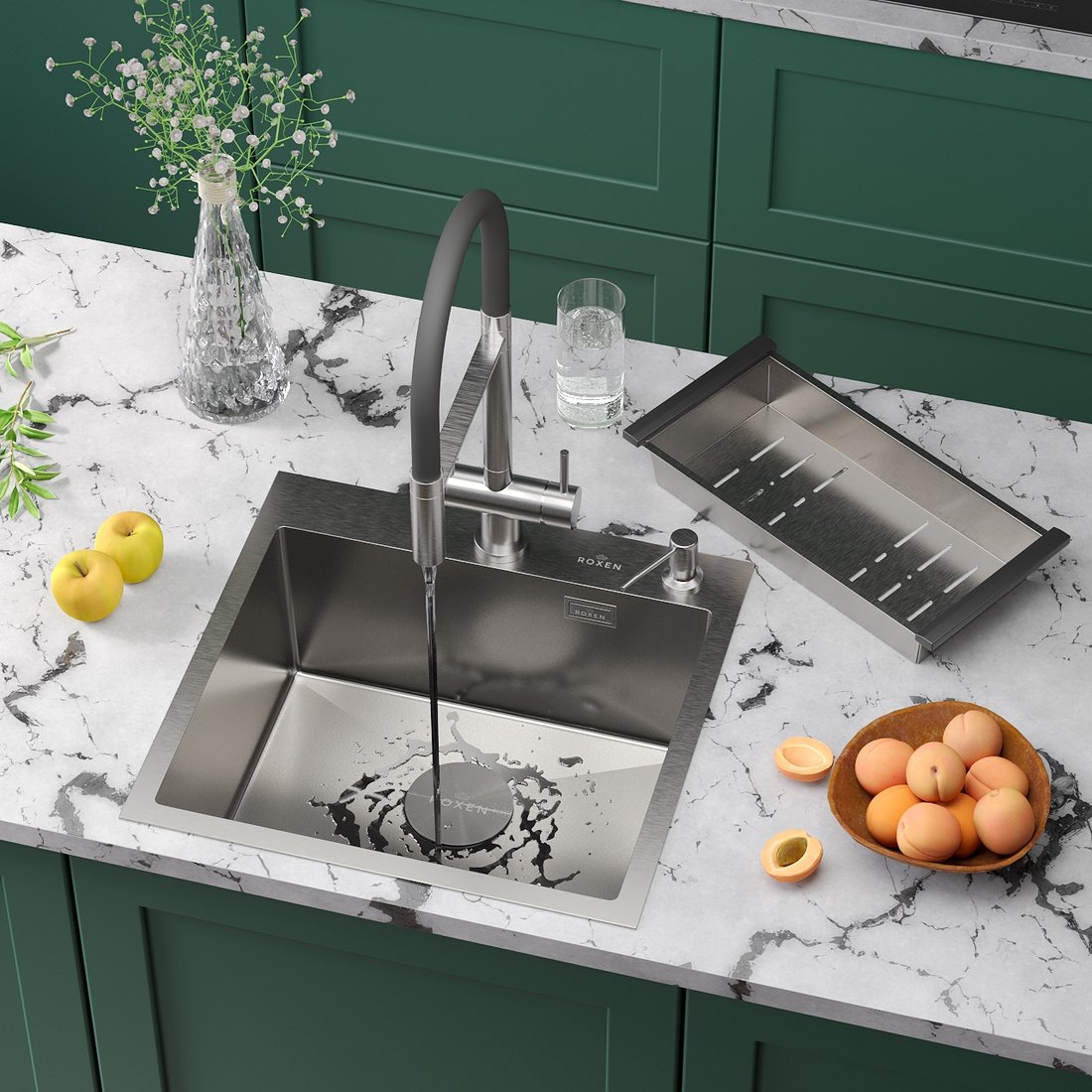 

Кухонная мойка Roxen Simple 560220-50-V сатин/текстурная (с коландером и дозатором)