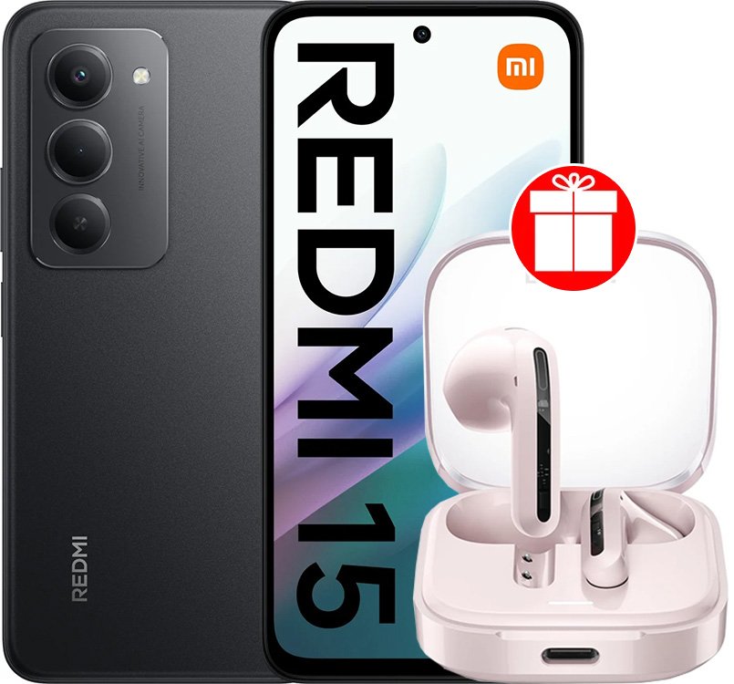 Телефон Xiaomi Redmi 15 4G 6GB/128GB международная версия (черный) + наушники Xiaomi Redmi Buds 6 Active M2344E1 (розовый) по акции