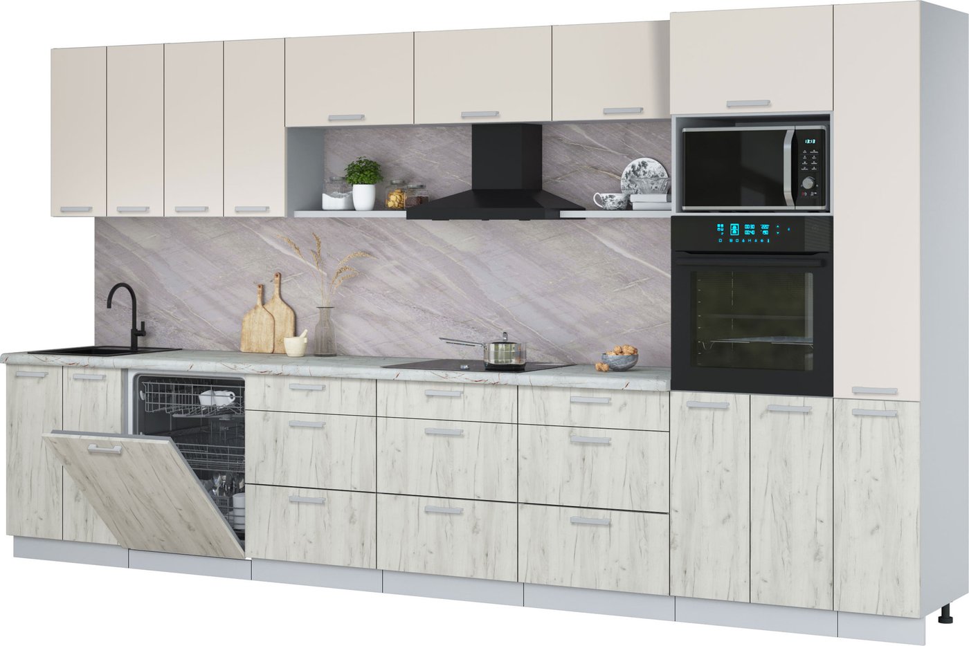 

Готовая кухня Интерлиния Мила Лайт 3.9-ПМ1 (персидский жемчуг/дуб белый/серый каспий)