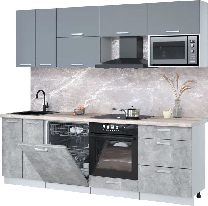 

Готовая кухня Интерлиния Мила Лайт 2.4-ПМ2 (серебро/бетон/травертин серый)