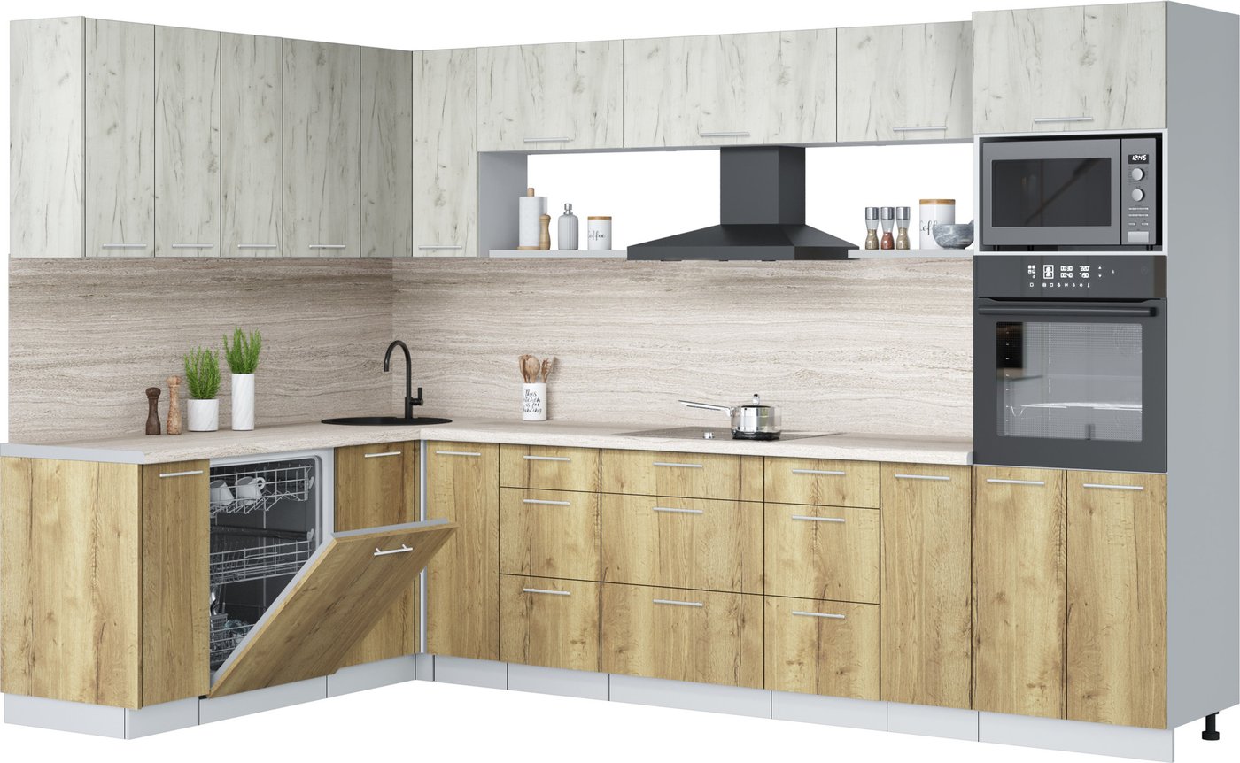 

Готовая кухня Интерлиния Мила Лайт 1.896х3.18 (дуб белый/дуб золотой/травертин серый)