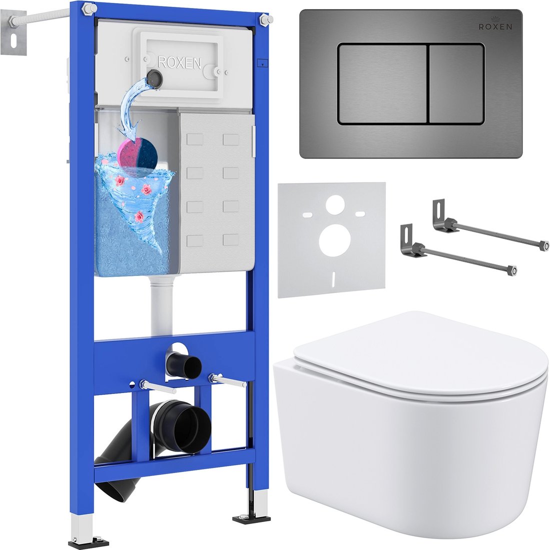 

Унитаз подвесной Roxen Simple Compact в комплекте с инсталляцией StounFix Dual Fresh 6 в 1 954681 (кнопка: оружейная сталь)