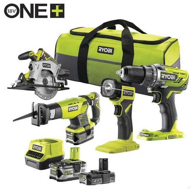 

Ryobi RCK184-252S 5133005692 (шуруповерт, фонарь, сабельная пила, циркулярная пила, 2 АКБ, сумка)