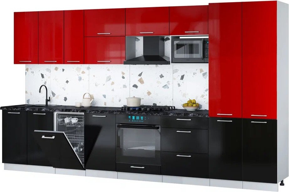 

Готовая кухня Интерлиния Мила Gloss 3.7-ПМ4 (черный глянец/красный глянец/кастилло темный)