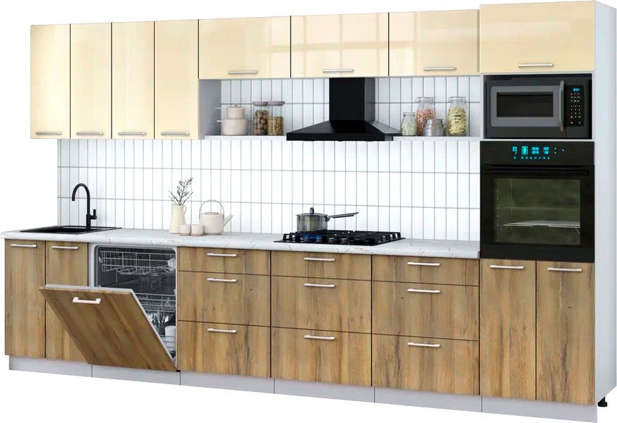 

Готовая кухня Интерлиния Мила Gloss 3.6-ПМ1-2 (дуб вотан/ваниль глянец/серый каспий)