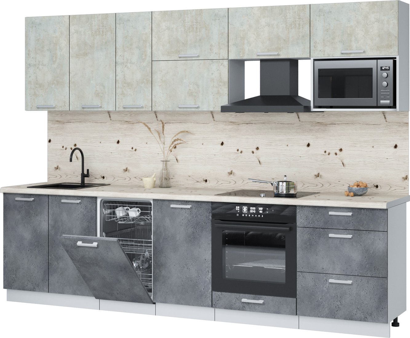 

Готовая кухня Интерлиния Мила Лайт 2.9-ПМ4 (бетон лайт/бетон портленд/бискайская сосна)