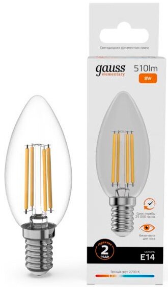 

Светодиодная лампочка Gauss Filament Elementary Свеча 8W 510lm 2700К Е14 32118