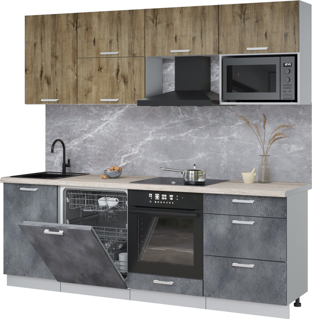 

Готовая кухня Интерлиния Мила Лайт 2.3-ПМ2 (дуб веллингтон/бетон портленд/травертин серый)