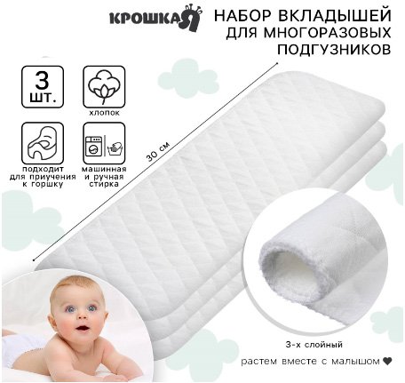

Вкладыш в многоразовый подгузник Крошка Я 3-х слойный 30 см, хлопок (3 шт)