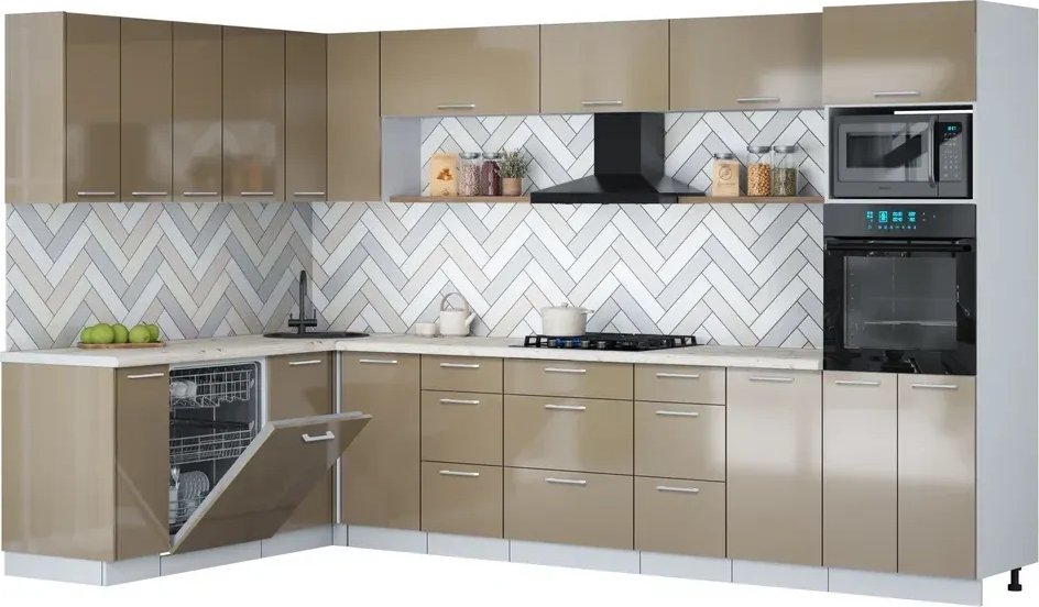 

Готовая кухня Интерлиния Мила Gloss 1.896х3.38-2 (капучино глянец/капучино глянец/бискайская сосна)