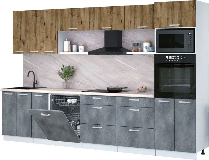 

Готовая кухня Интерлиния Мила Лайт 3.3-ПМ1-2 (дуб веллингтон/бетон портленд/травертин серый)