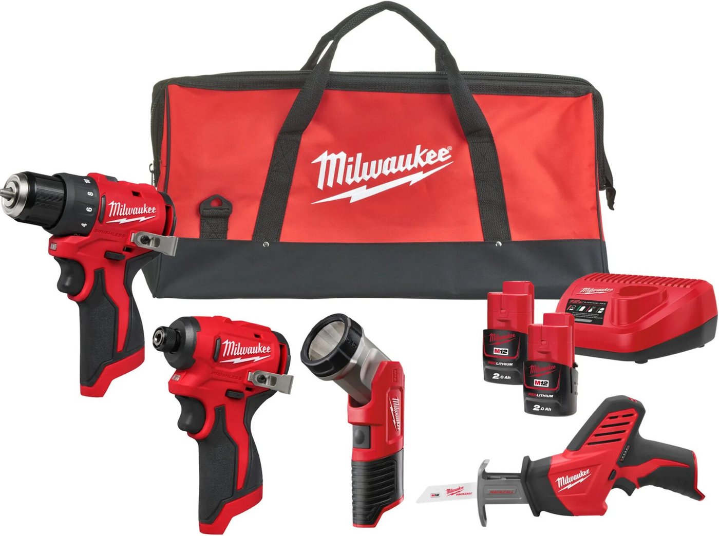 Milwaukee M12 BLPP4A-202B 4933499693 (шуруповерт, винтоверт, фонарь, сабельная, 2 АКБ, сумка)