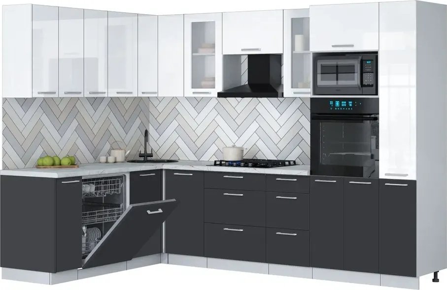 

Готовая кухня Интерлиния Мила Gloss 1.896х2.88 (пепел/белый глянец/серый каспий)