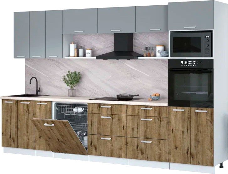 

Готовая кухня Интерлиния Мила Лайт 3.3-ПМ1-2 (серебро/дуб веллингтон/травертин серый)