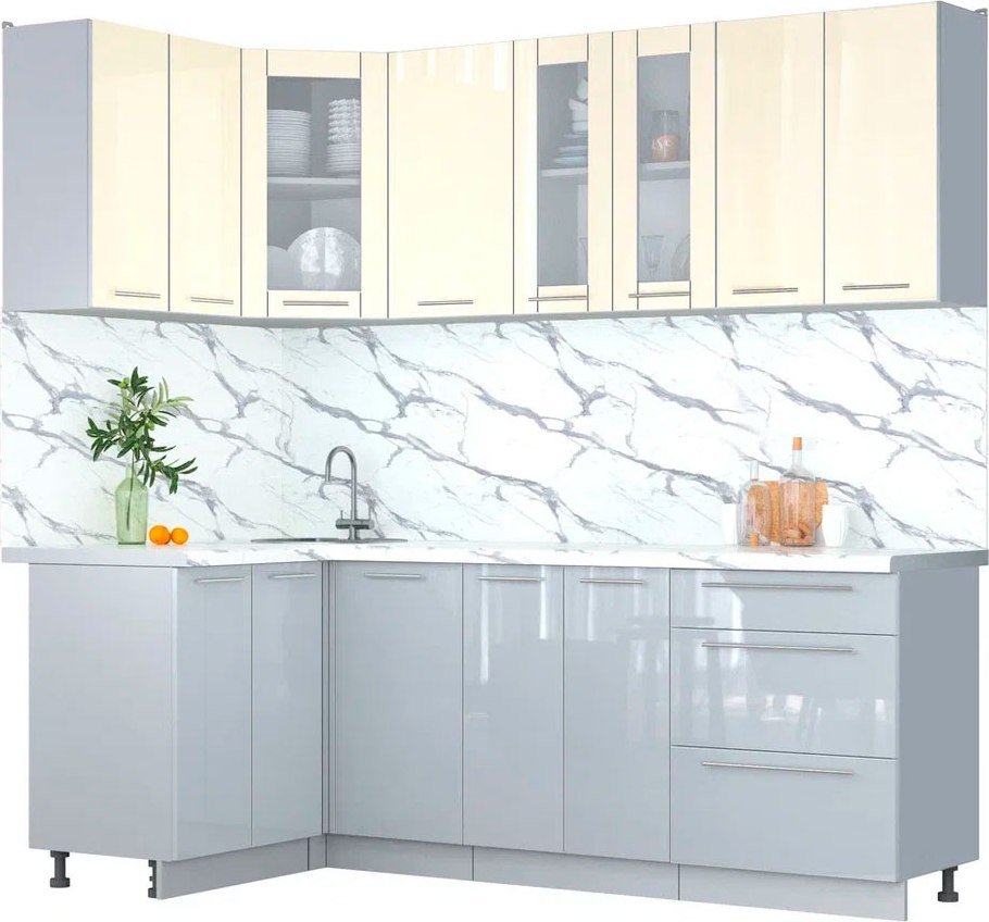 

Готовая кухня Интерлиния Мила Пластик 1.2x2.2 (ваниль/туманный глянец/белый гранит)