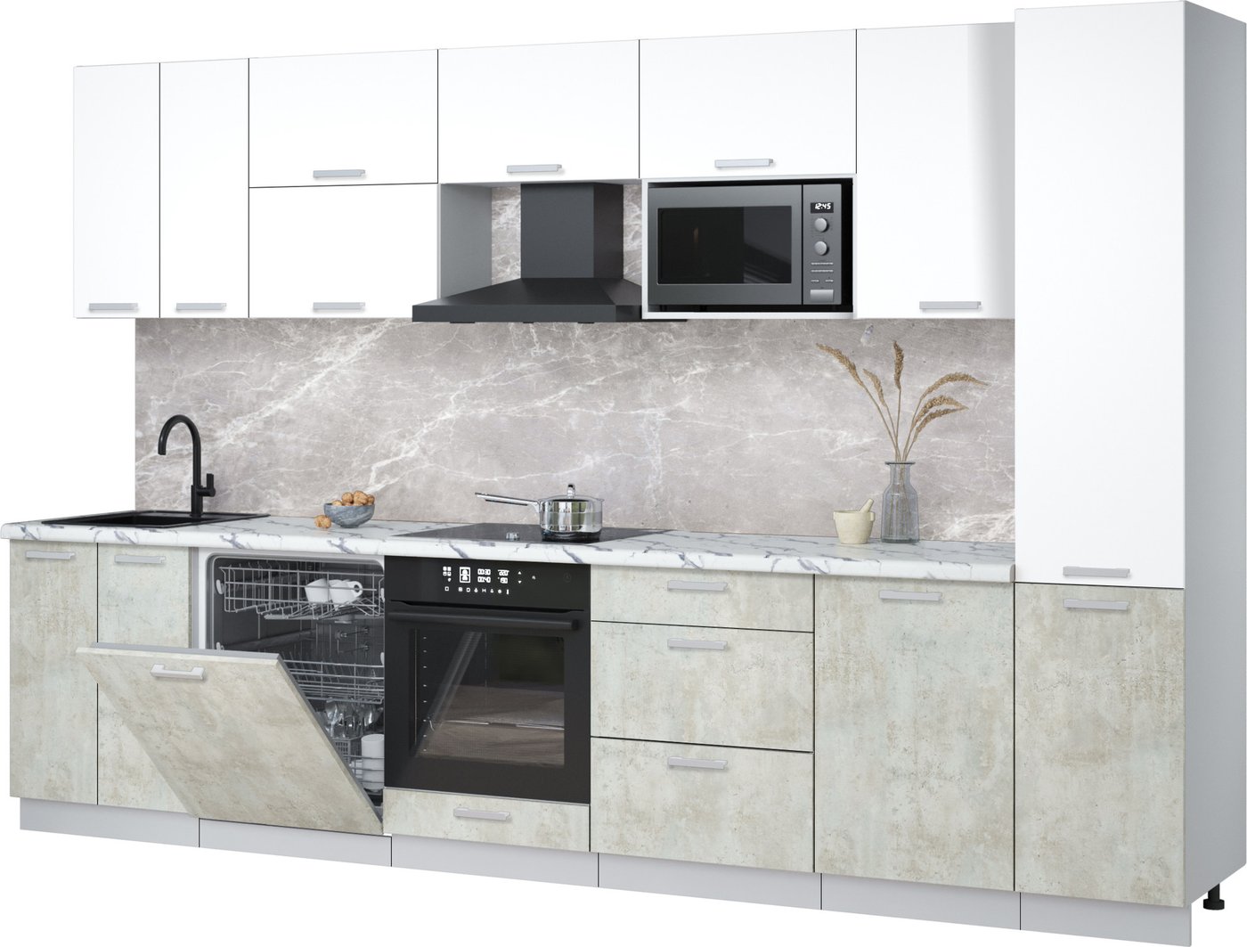 

Готовая кухня Интерлиния Мила Лайт 3.3-ПМ2 (белый платинум/бетон лайт/белый гранит)