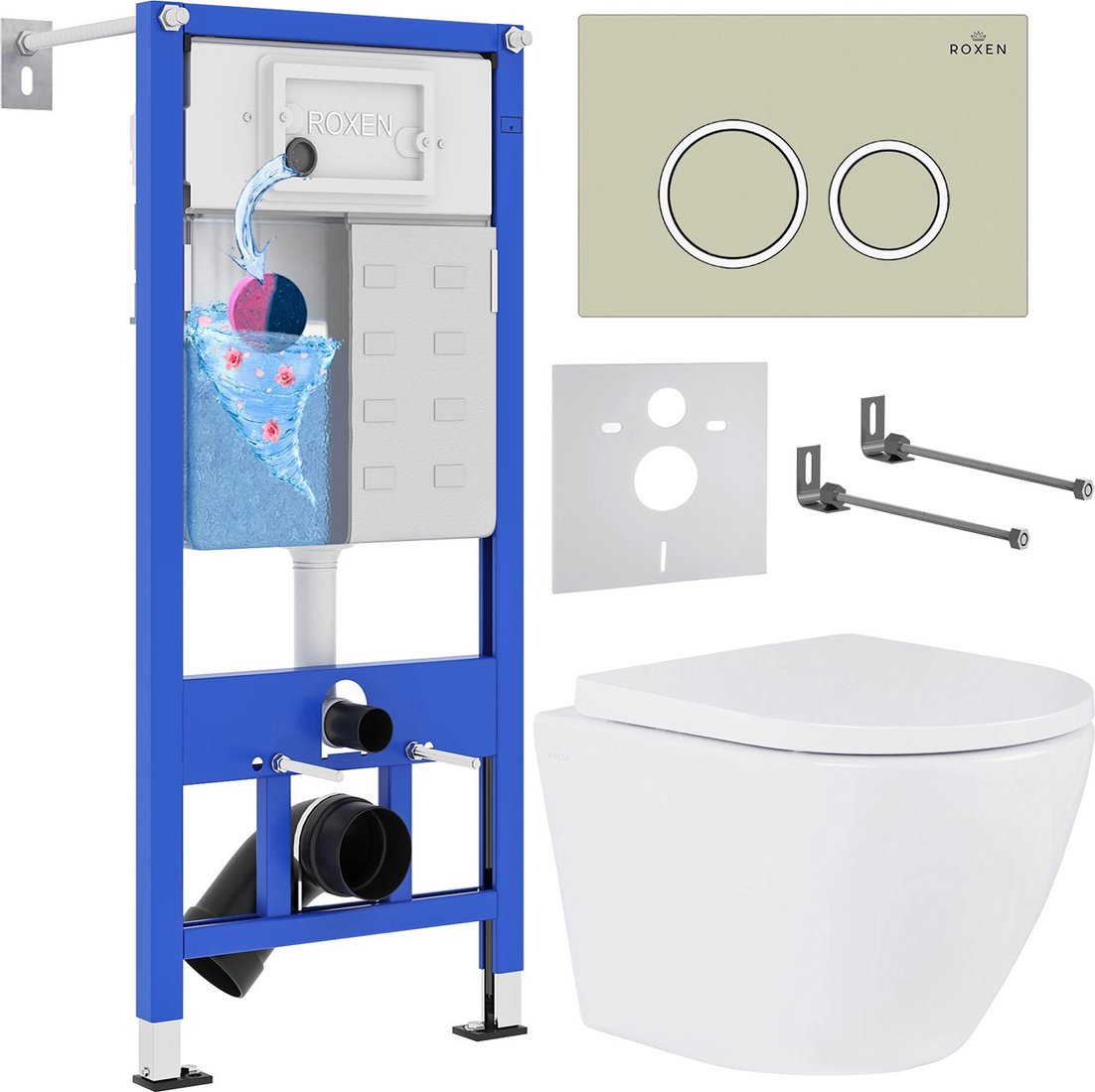 Унитаз подвесной Roxen Antares 530185-02 в комплекте с инсталляцией StounFix Dual Fresh 6 в 1 966195 (кнопка: бежевый)