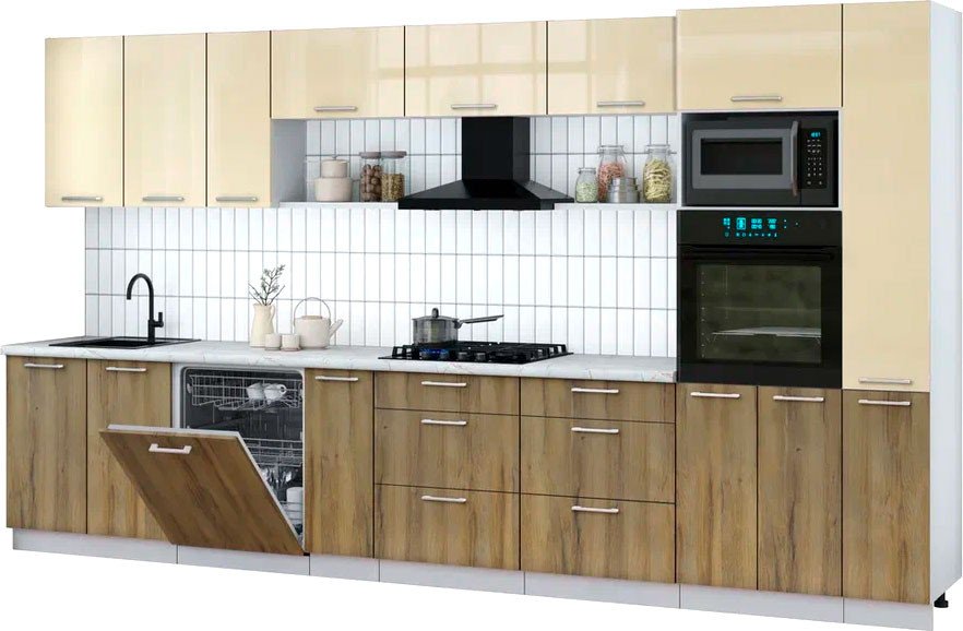 

Готовая кухня Интерлиния Мила Gloss 3.8-ПМ1 (дуб вотан/ваниль глянец/серый каспий)