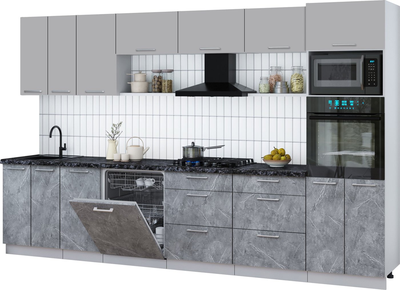 

Готовая кухня Интерлиния Мила Gloss 3.4-ПМ1-2 (керамика/грей/кастилло темный)