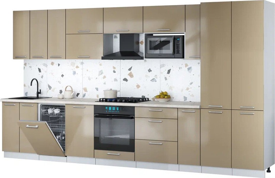 

Готовая кухня Интерлиния Мила Gloss 3.8-ПМ4 (капучино глянец/капучино глянец/бискайская сосна)