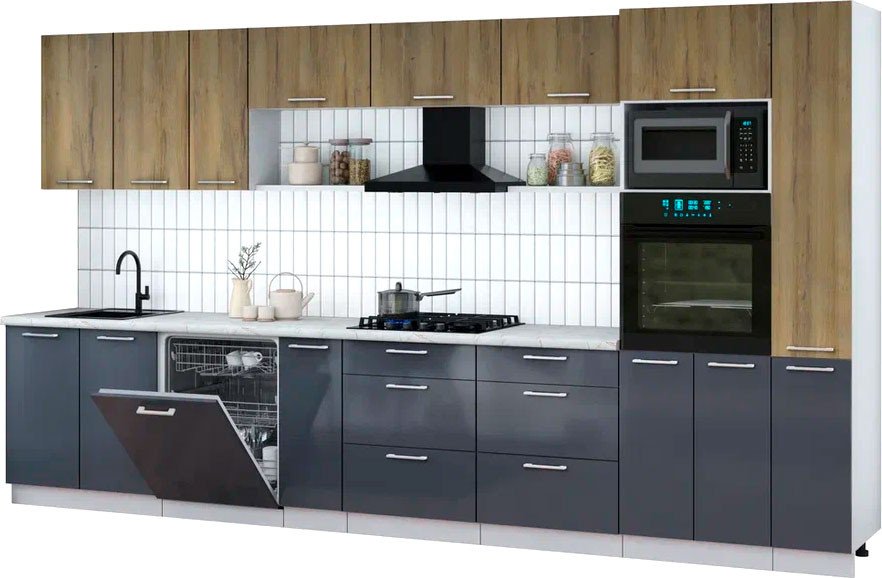 

Готовая кухня Интерлиния Мила Gloss 3.8-ПМ1 (асфальт глянец/дуб вотан/серый каспий)