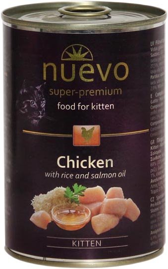 

Консервированный корм для кошек Nuevo Kitten Chicken with rice and salmon oil (Курица с рисом в масле) 0.4 кг