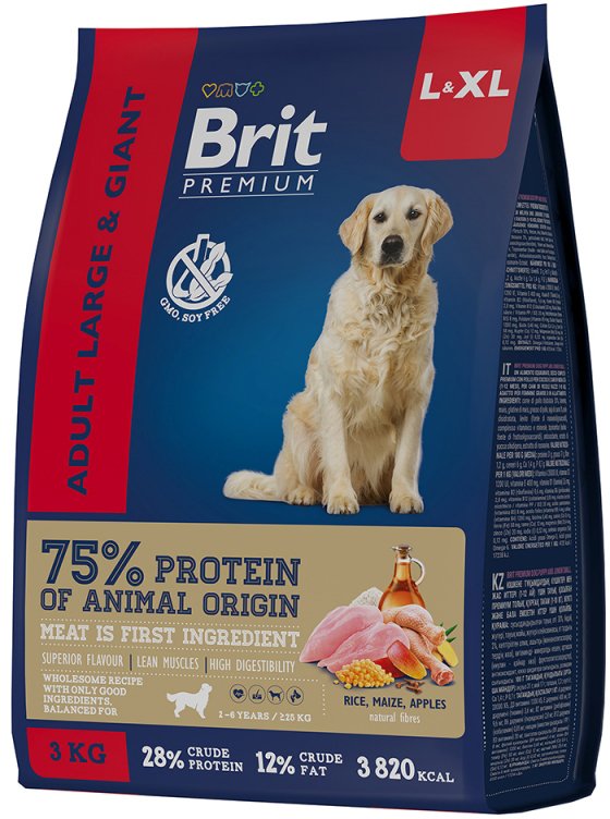 

Сухой корм для собак Brit Premium Dog Adult Large and Giant для взрослых собак крупных и гигантских пород с курицей 3 кг