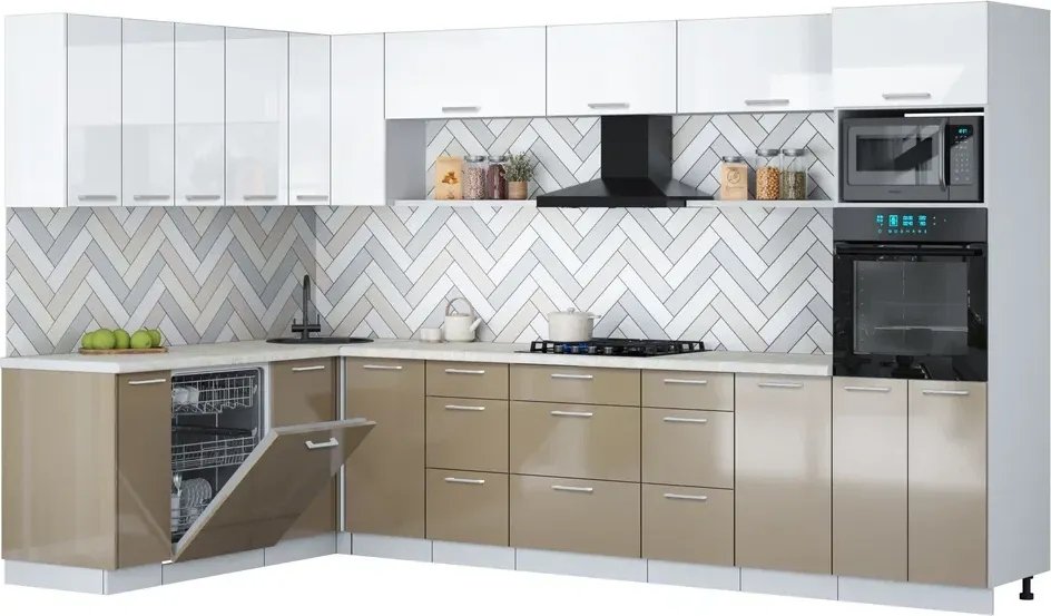 Готовая кухня Интерлиния Мила Gloss 1.896х3.38-2 (капучино глянец/белый глянец/опал светлый)