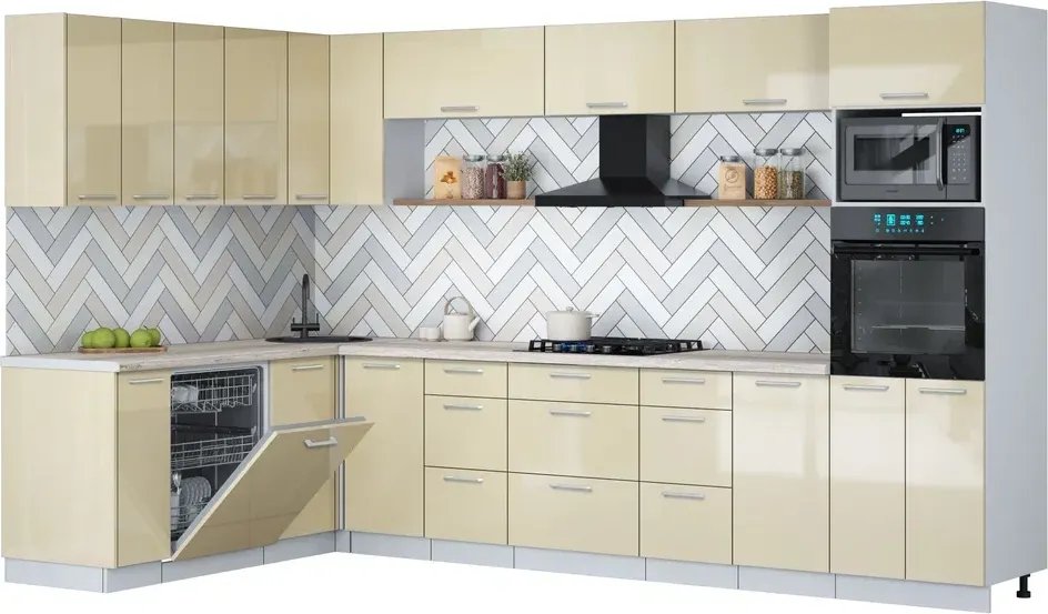 

Готовая кухня Интерлиния Мила Gloss 1.896х3.38-2 (ваниль глянец/ваниль глянец/травертин серый)