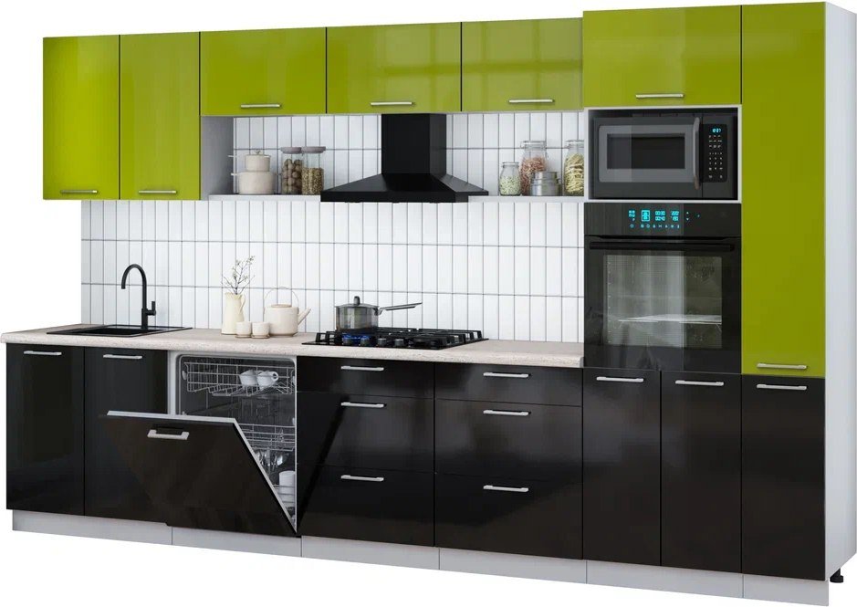 

Готовая кухня Интерлиния Мила Gloss 3.5-ПМ1 (черный глянец/яблоко глянец/травертин серый)