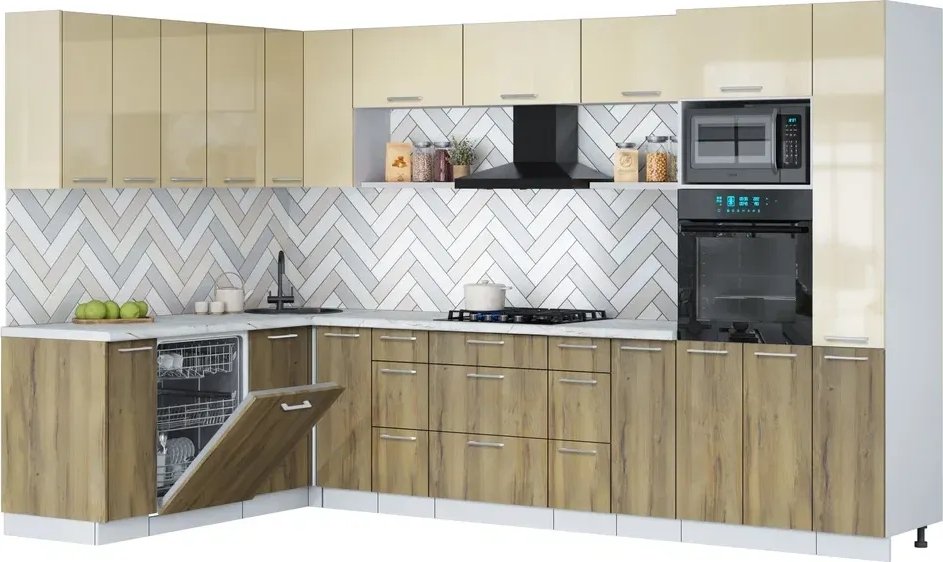 

Готовая кухня Интерлиния Мила Gloss 1.896х3.28 (дуб вотан/ваниль глянец/серый каспий)