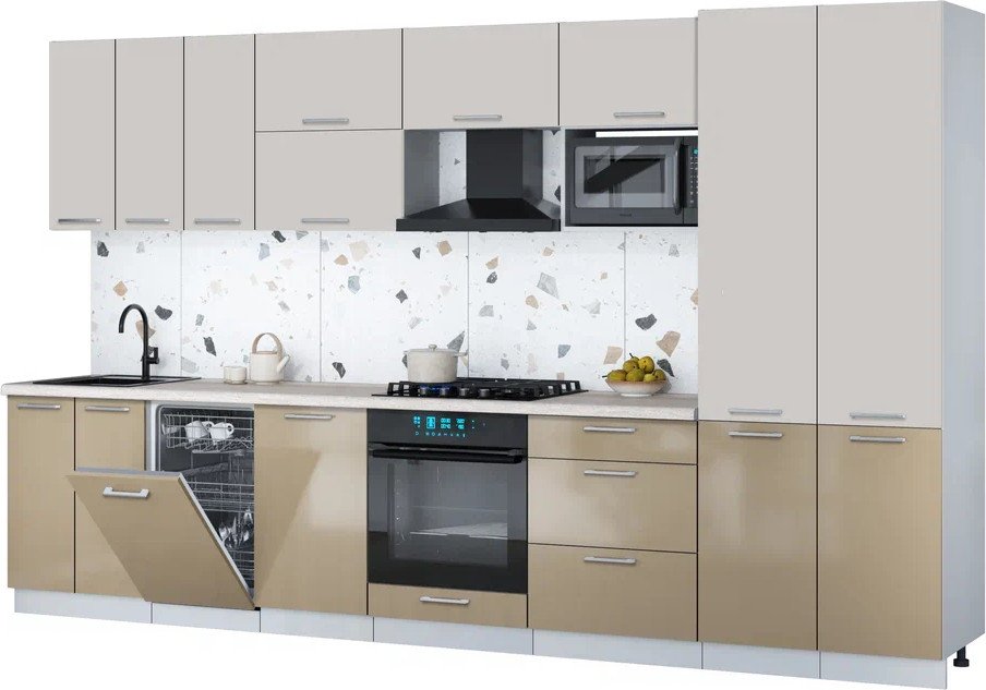 

Готовая кухня Интерлиния Мила Gloss 3.5-ПМ4 (капучино глянец/кашемир/травертин серый)