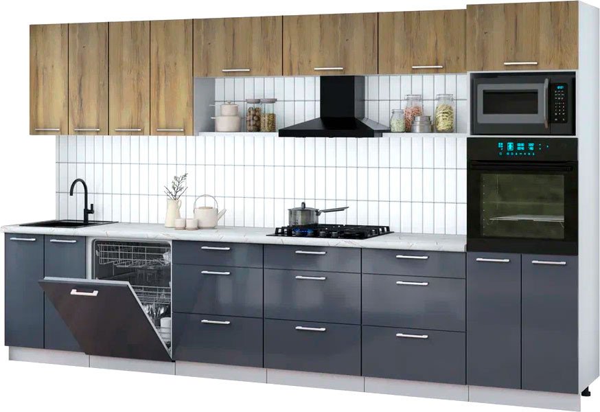 

Готовая кухня Интерлиния Мила Gloss 3.6-ПМ1-2 (асфальт глянец/дуб вотан/серый каспий)