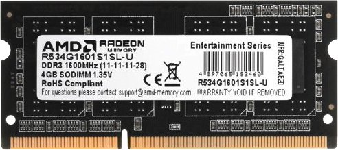 

Оперативная память AMD Radeon R5 Entertainment Series 4ГБ DDR3 SODIMM 1600 МГц R534G1601S1SL-U