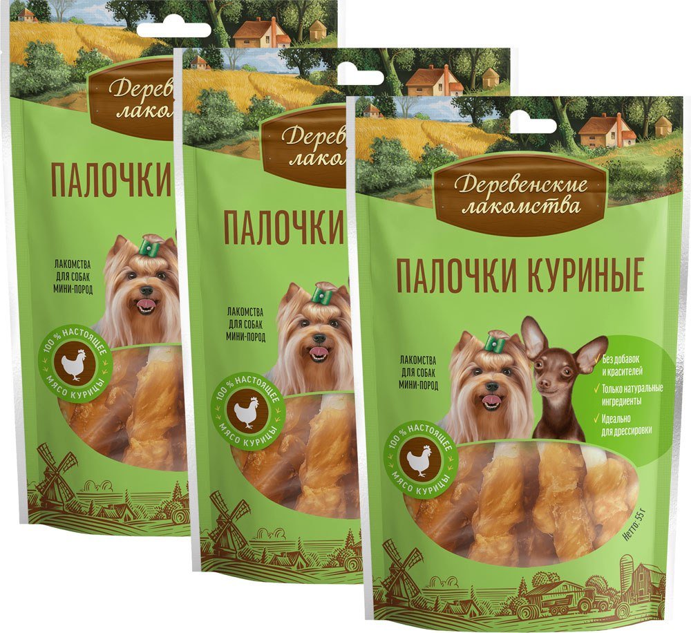 

Лакомство для собак Деревенские лакомства Палочки куриные 3x55 г