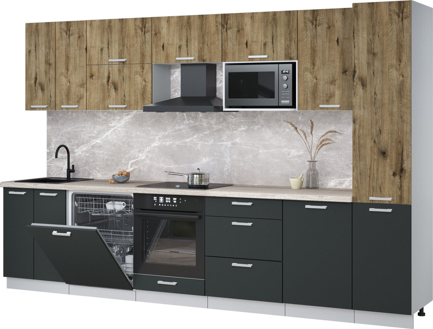 

Готовая кухня Интерлиния Мила Лайт 3.3-ПМ2 (дуб веллингтон/антрацит/травертин серый)