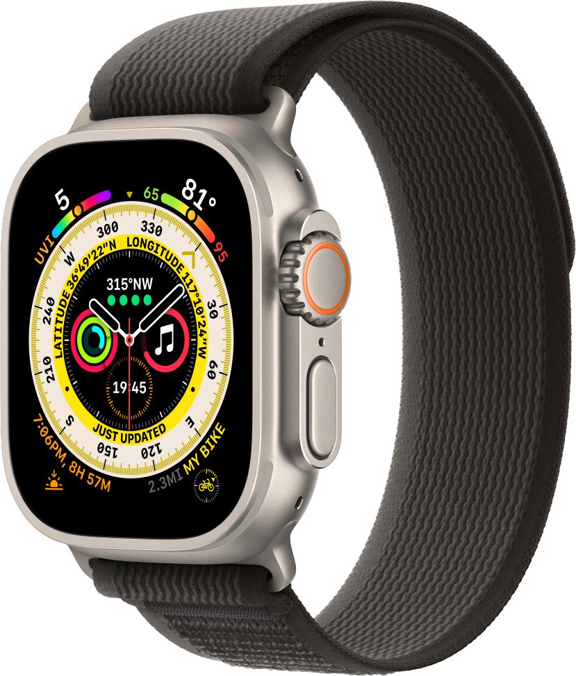 

Умные часы Apple Watch Ultra LTE 49 мм (титановый корпус, титановый/черно-серый, нейлоновый ремешок размера M/L)