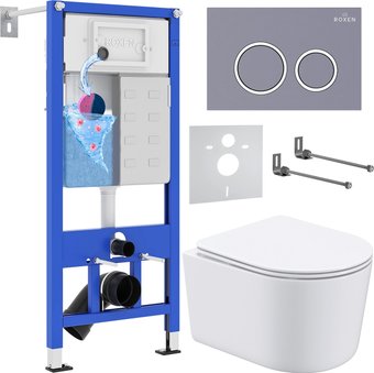Унитаз подвесной Roxen Simple Compact в комплекте с инсталляцией StounFix Dual Fresh 6 в 1 966133 (кнопка: серый бетон)