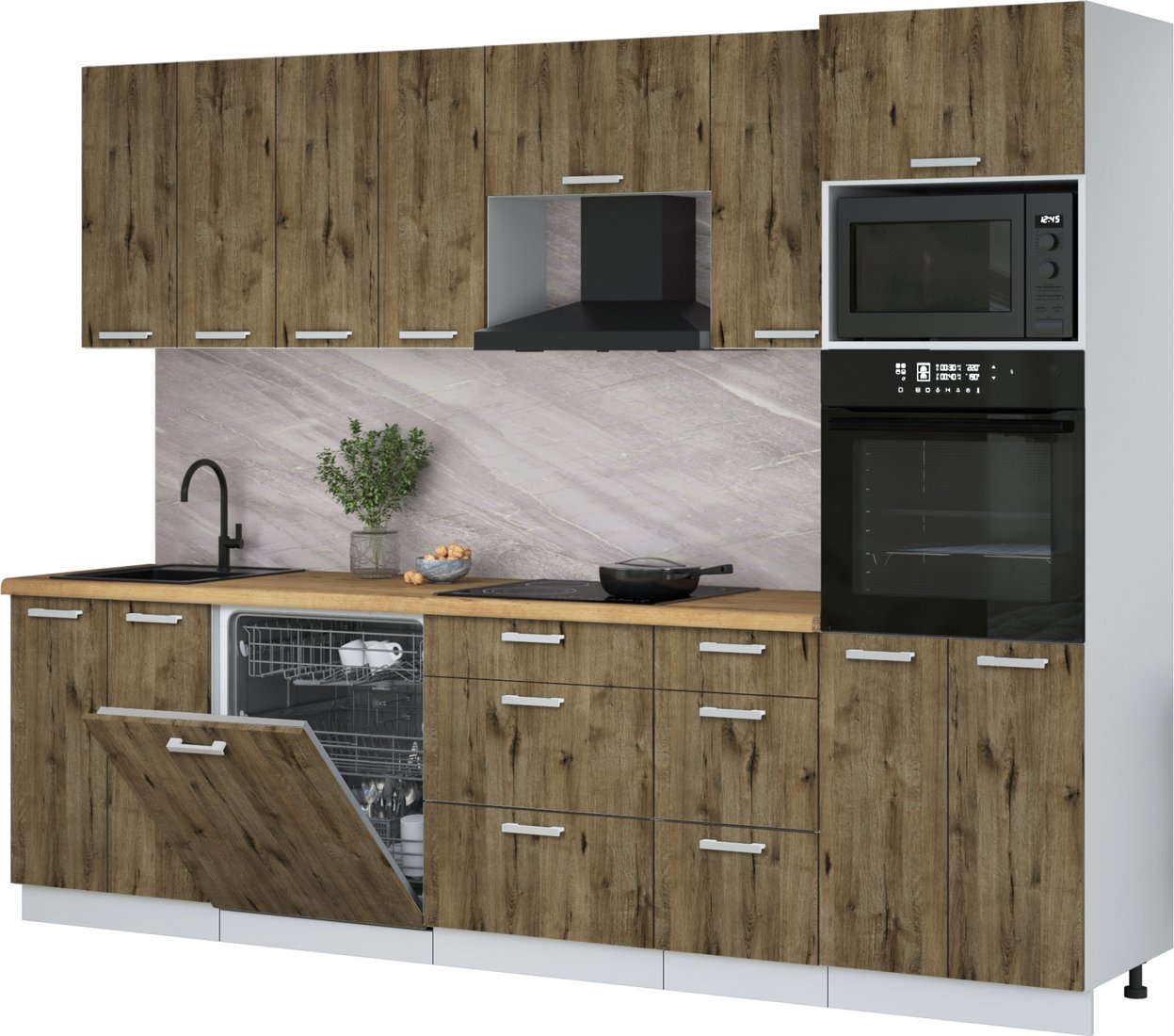 

Готовая кухня Интерлиния Мила Лайт 2.8-ПМ1 (дуб веллингтон/дуб веллингтон/дуб бунратти)