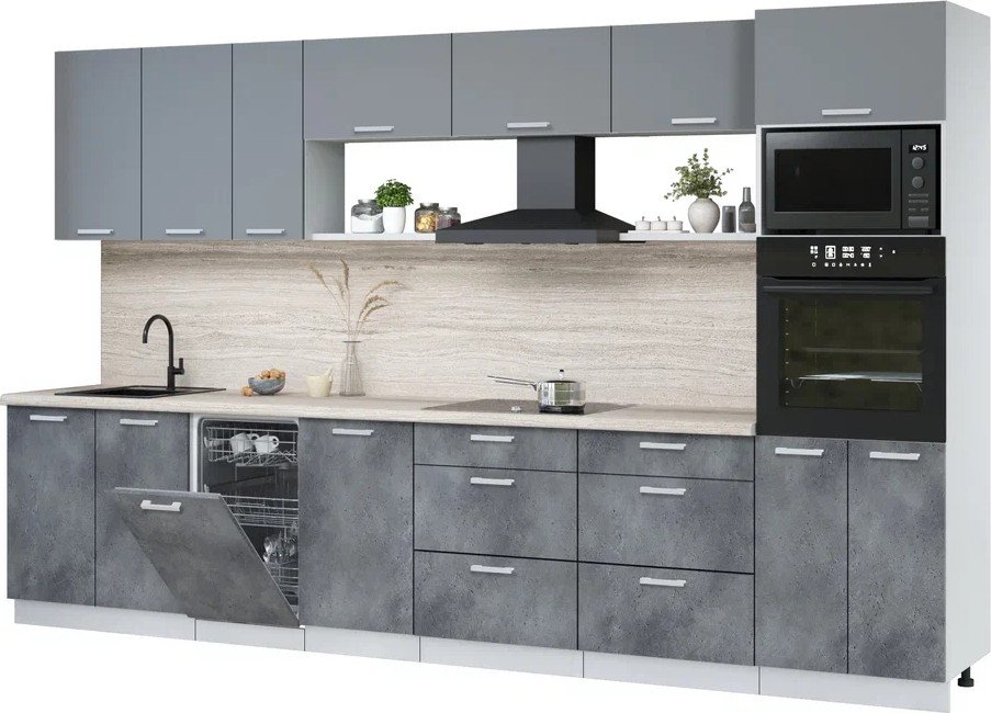 

Готовая кухня Интерлиния Мила Лайт 3.5-ПМ3 ( серебро/бетон портленд/травертин серый)